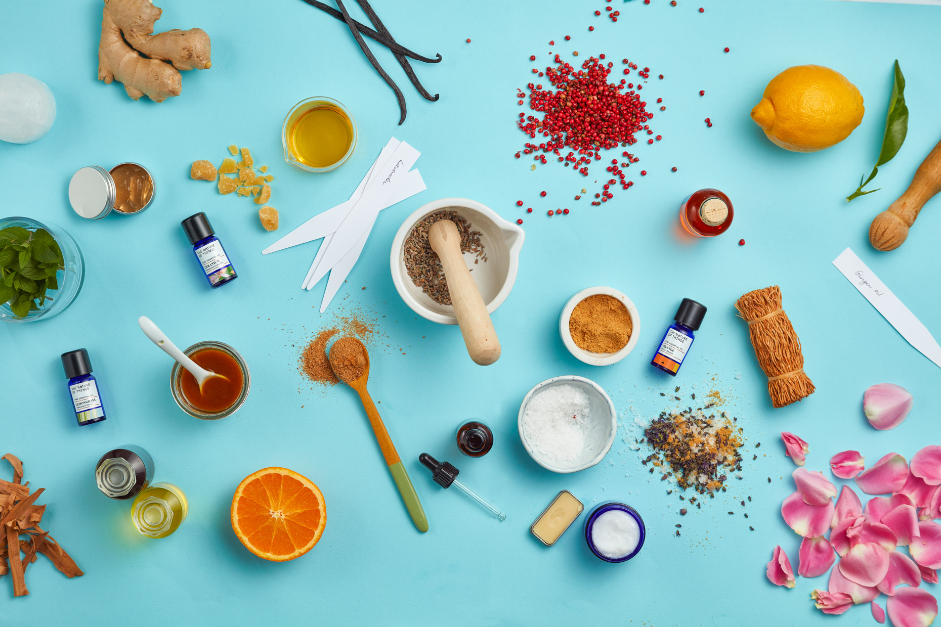 Still Life Photography - Overhead photograph Essential Oil ingredients 