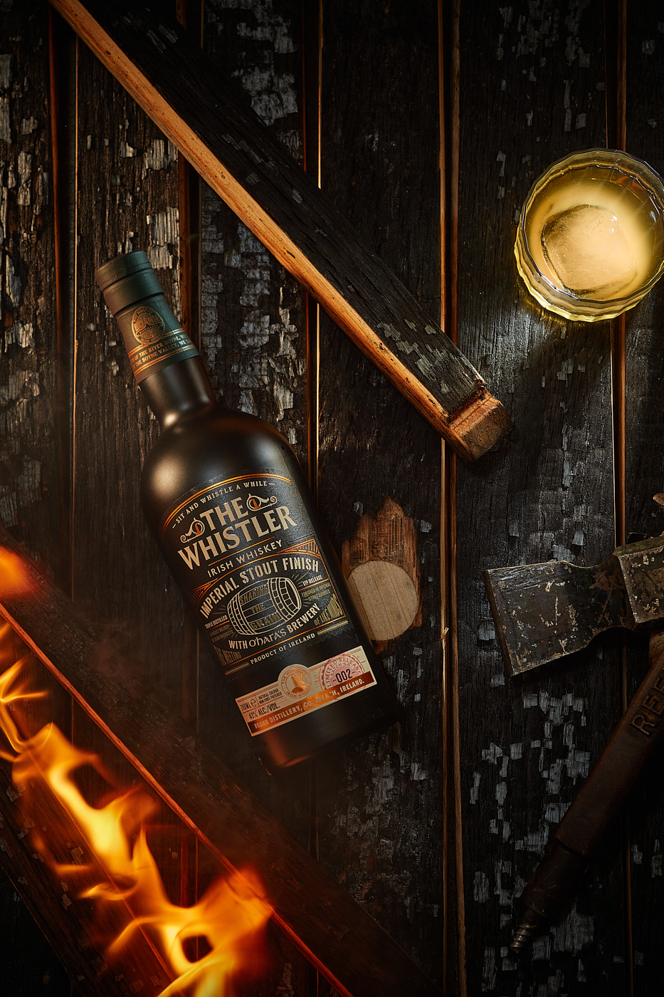 Drinks Photography Ireland - Whiskey Bottle on charred staves